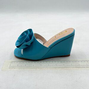 FSJ Blue Romantic Rose Mules Open Toe Flower Sandals Slip On Wedge Heel Shoes